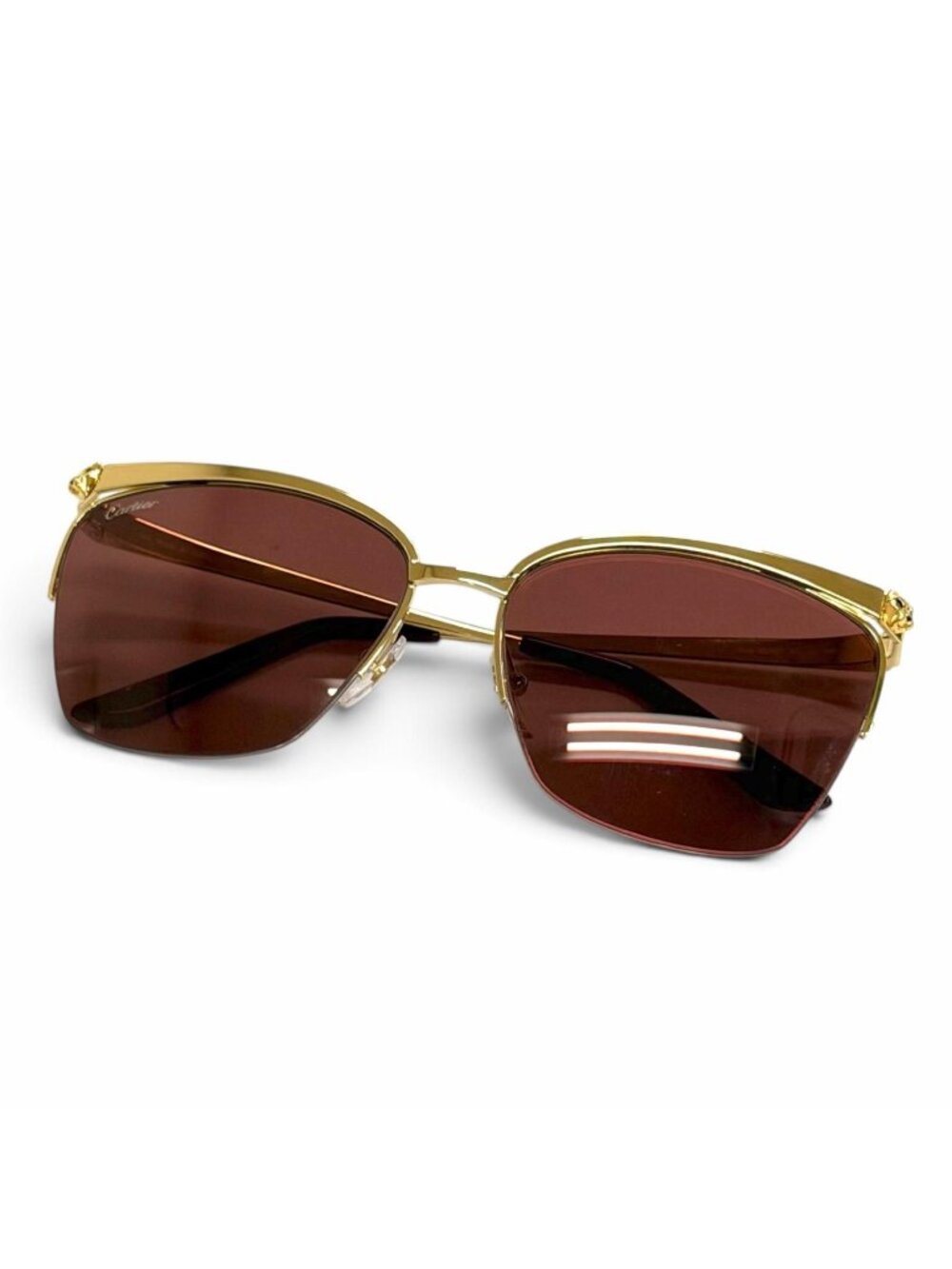 Cartier Panthere Cat's Eye Sunglasses Gold Bordeaux Demo Lens Eyewear